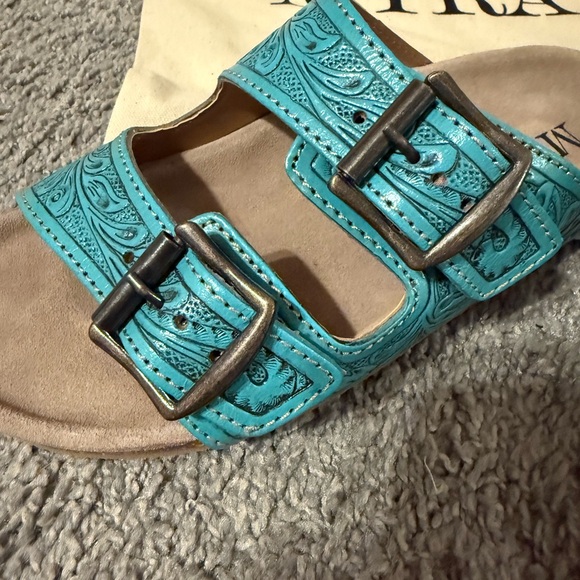 Myra Turquoise Hand-Tooled Sandals with Buckles - Picture 6 of 6